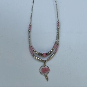 Vintage Native American Pink Bear Dream Catcher 925 Silver Beaded Necklace 18”